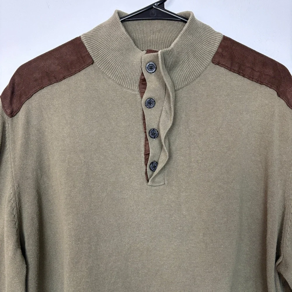 John Bartlett Men Henley Sweater Large Olive Green Elbow Patches Academia Preppy